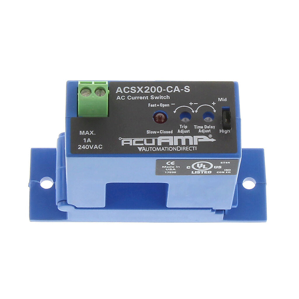 AcuAMP AC current switch, split core, 2-12, 12-55, or 55-200A selectable sensing range, 2-200A adjustable trip point, 4-turn potentiometer, solid state switch, N.C., adjustable time delay output, 1A @ 240 VAC output rating.-ACSX200-CA-S