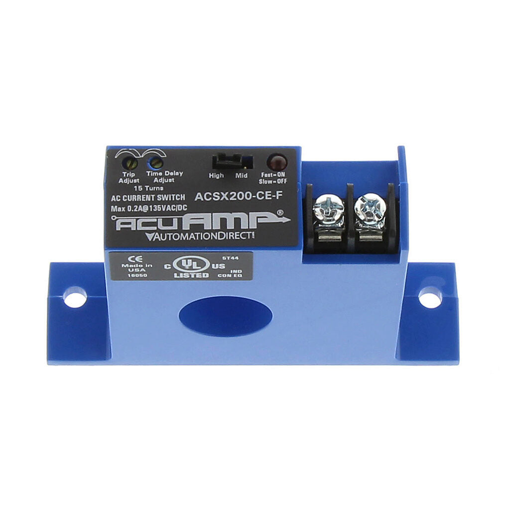 AcuAMP AC current switch, fixed core, 1.5-12, 12-55, or 55-175A selectable sensing range, 1.5-175A adjustable trip point, 15-turn potentiometer, solid state switch, N.C., adjustable time delay output, 0.2A @ 135 VAC/VDC output rating.-ACSX200-CE-F