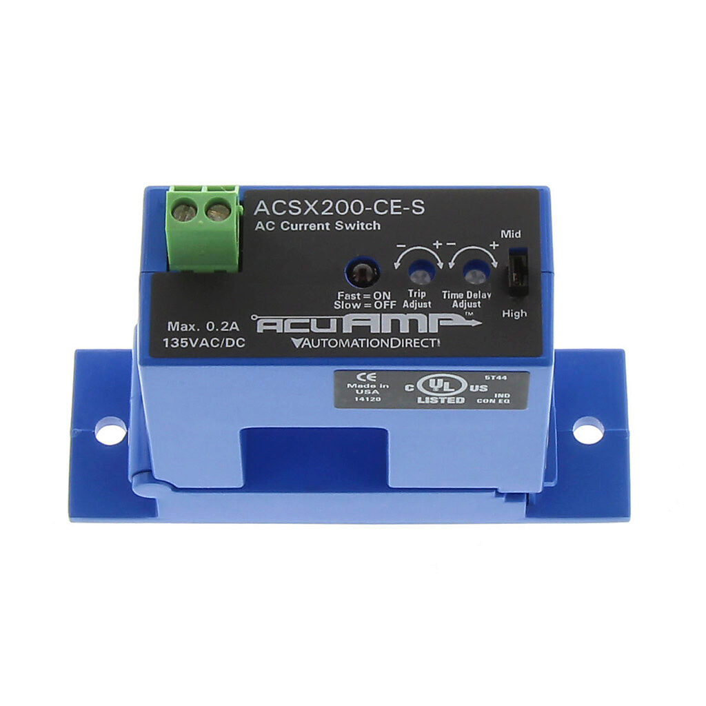 AcuAMP AC current switch, split core, 2-12, 12-55, or 55-200A selectable sensing range, 2-200A adjustable trip point, 4-turn potentiometer, solid state switch, N.C., adjustable time delay output, 0.2A @ 135 VAC/VDC output rating.-ACSX200-CE-S