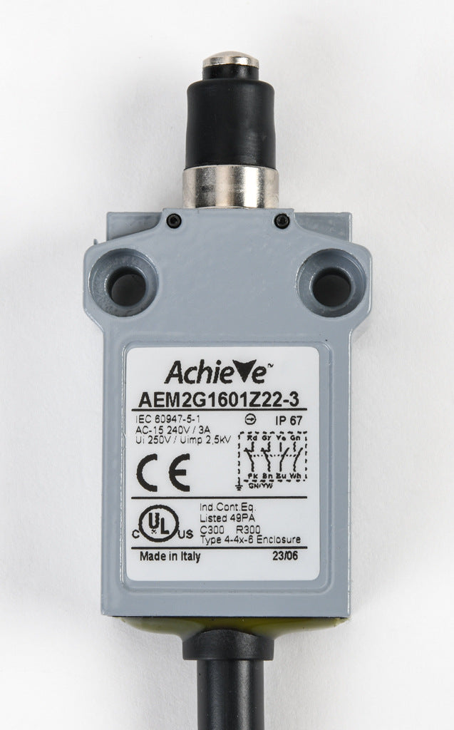 AchieVe compact limit switch, metal plunger with dust cap, (2) N.O./(2) N.C. contact(s), snap action, 25mm hole spacing, zinc alloy, pigtail, 9.8ft/3m cable length, bottom exit.-AEM2G1601Z22-3