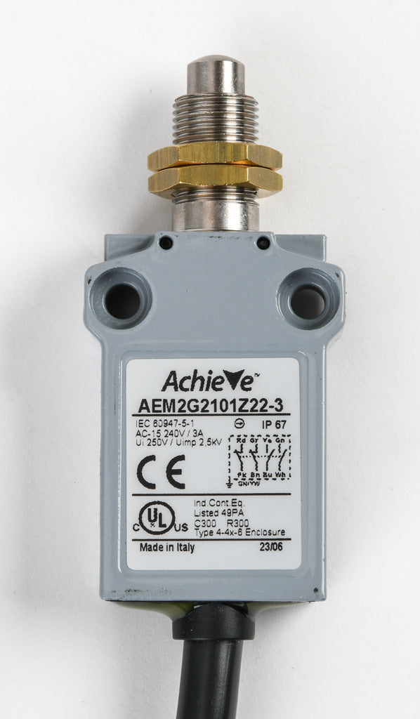 AchieVe compact limit switch, metal plunger with fixing nuts, (2) N.O./(2) N.C. contact(s), snap action, 25mm hole spacing, zinc alloy, pigtail, 9.8ft/3m cable length, bottom exit.-AEM2G2101Z22-3
