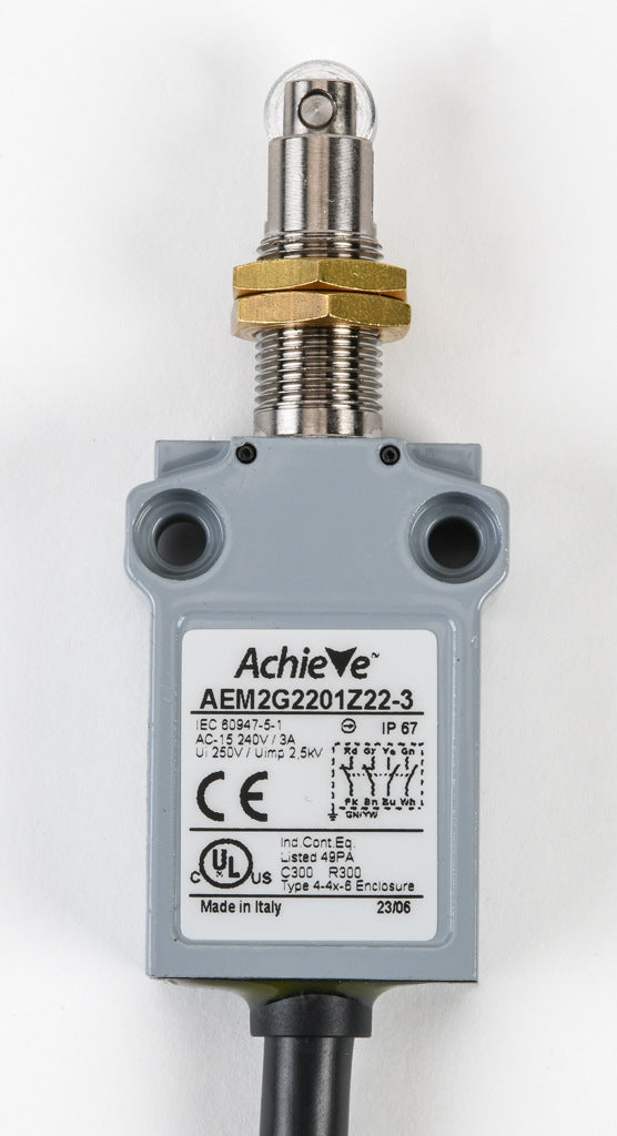 AchieVe compact limit switch, metal plunger with metal roller and fixing nuts, (2) N.O./(2) N.C. contact(s), snap action, 25mm hole spacing, zinc alloy, pigtail, 9.8ft/3m cable length, bottom exit.-AEM2G2201Z22-3