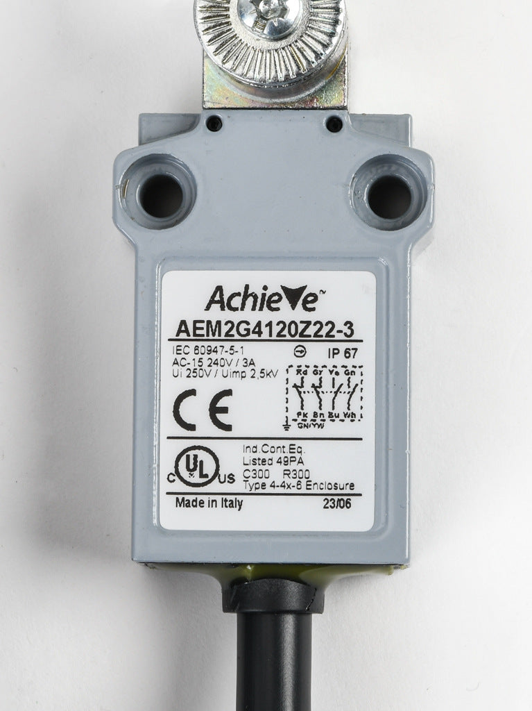 AchieVe compact limit switch, 360 degree stainless steel spring, (2) N.O./(2) N.C. contact(s), snap action, 25mm hole spacing, zinc alloy, pigtail, 9.8ft/3m cable length, bottom exit.-AEM2G9301Z22-3