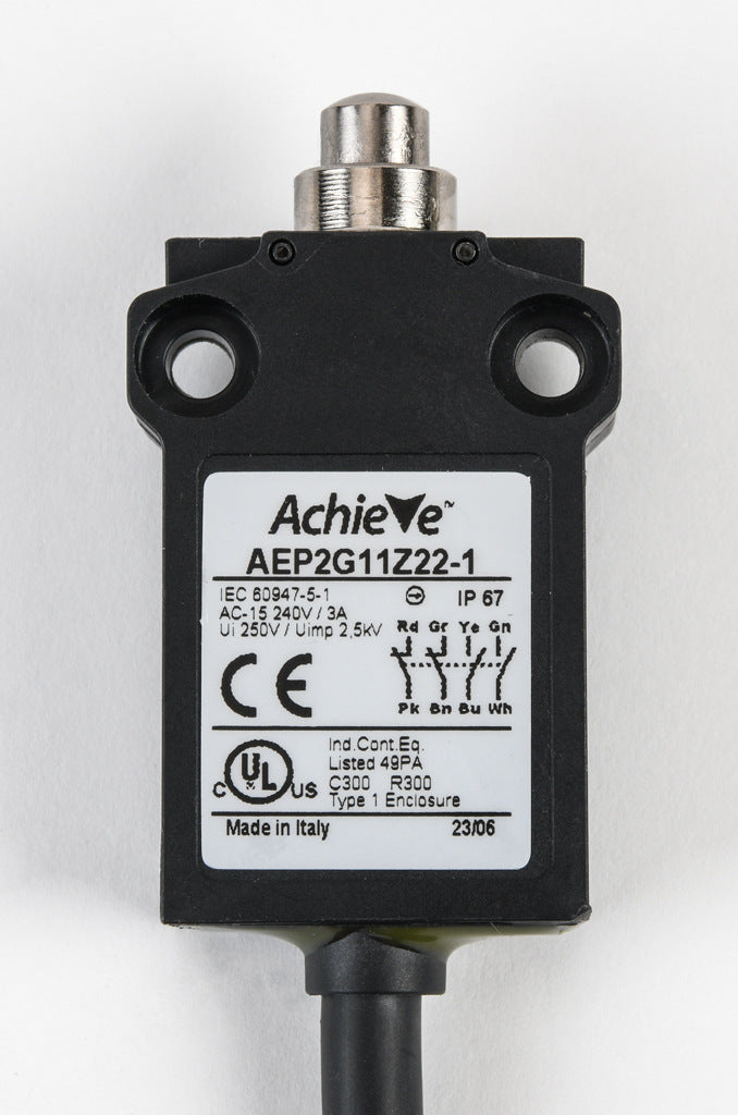 AchieVe compact limit switch, metal plunger, (2) N.O./(2) N.C. contact(s), snap action, 25mm hole spacing, plastic, pigtail, 3.2ft/1m cable length, bottom exit.-AEP2G11Z22-1