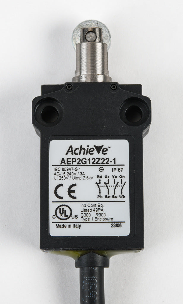 AchieVe compact limit switch, metal plunger with metal roller, (2) N.O./(2) N.C. contact(s), snap action, 25mm hole spacing, plastic, pigtail, 3.2ft/1m cable length, bottom exit.-AEP2G12Z22-1