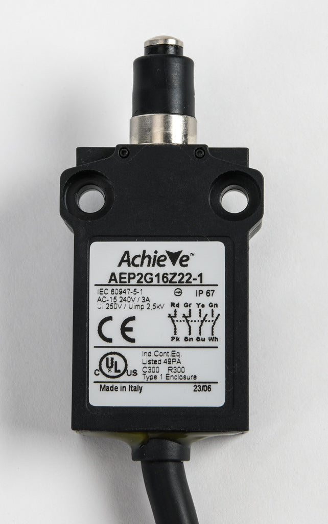 AchieVe compact limit switch, metal plunger with dust cap, (2) N.O./(2) N.C. contact(s), snap action, 25mm hole spacing, plastic, pigtail, 3.2ft/1m cable length, bottom exit.-AEP2G16Z22-1