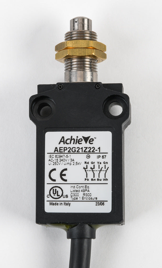 AchieVe compact limit switch, metal plunger with fixing nuts, (2) N.O./(2) N.C. contact(s), snap action, 25mm hole spacing, plastic, pigtail, 3.2ft/1m cable length, bottom exit.-AEP2G21Z22-1