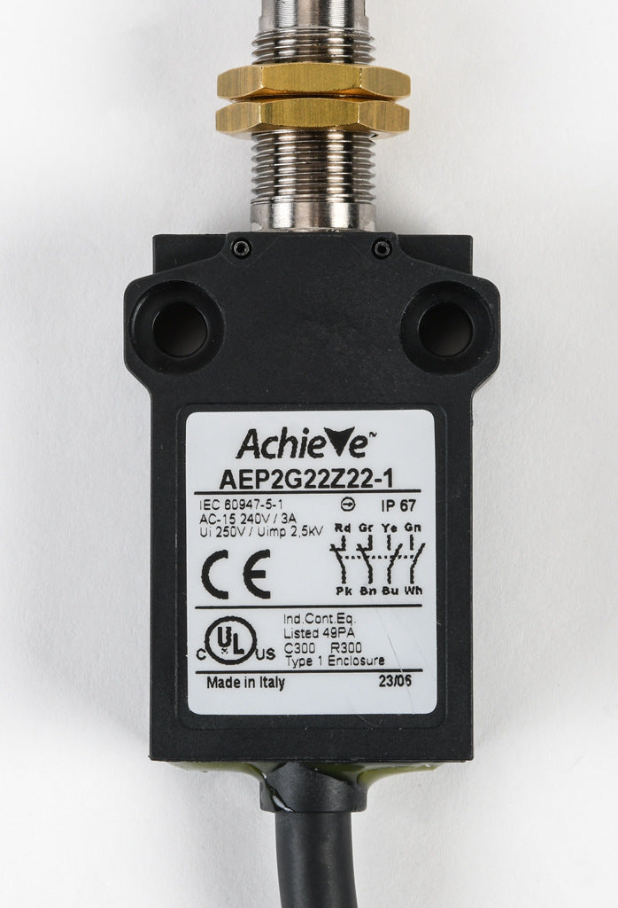AchieVe compact limit switch, metal plunger with metal roller and fixing nuts, (2) N.O./(2) N.C. contact(s), snap action, 25mm hole spacing, plastic, pigtail, 3.2ft/1m cable length, bottom exit.-AEP2G22Z22-1