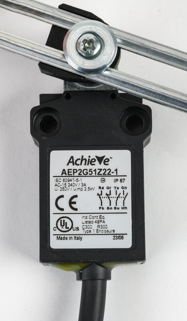 AchieVe compact limit switch, side rotary adjustable lever with 18mm nylon roller, (2) N.O./(2) N.C. contact(s), snap action, 25mm hole spacing, plastic, pigtail, 3.2ft/1m cable length, bottom exit.-AEP2G51Z22-1