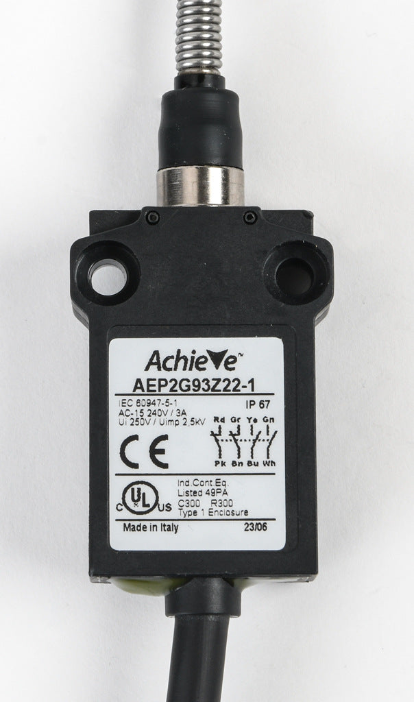 AchieVe compact limit switch, 360 degree stainless steel spring, (2) N.O./(2) N.C. contact(s), snap action, 25mm hole spacing, plastic, pigtail, 3.2ft/1m cable length, bottom exit.-AEP2G93Z22-1