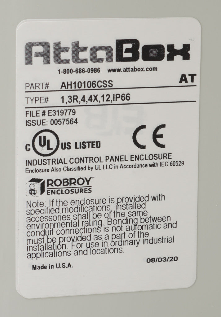 AttaBox Heartland series enclosure, NEMA 1/3R/4/4X/12, 10 x 10 x 6in (HxWxD), wall mount, polycarbonate, Pantone 7541 C light gray, smoked polycarbonate single-door, stainless steel quick-release latch.-AH10106CSS