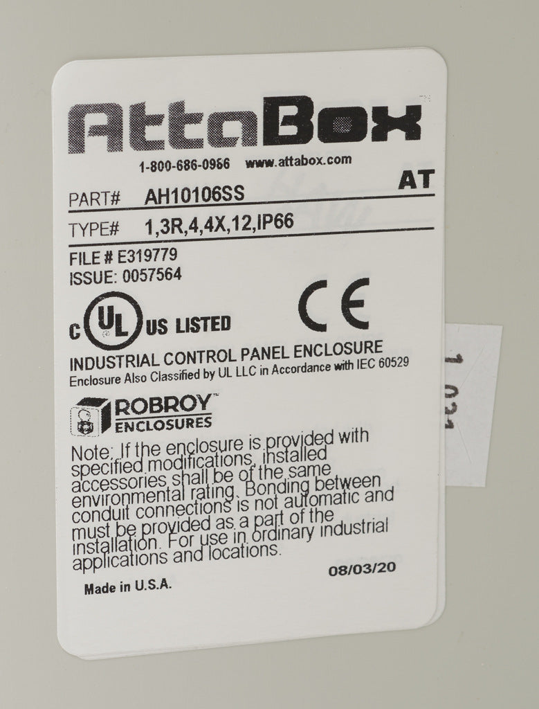 AttaBox Heartland series enclosure, NEMA 1/3R/4/4X/12, 10 x 10 x 6in (HxWxD), wall mount, polycarbonate, Pantone 7541 C light gray, single-door, stainless steel quick-release latch.-AH10106SS