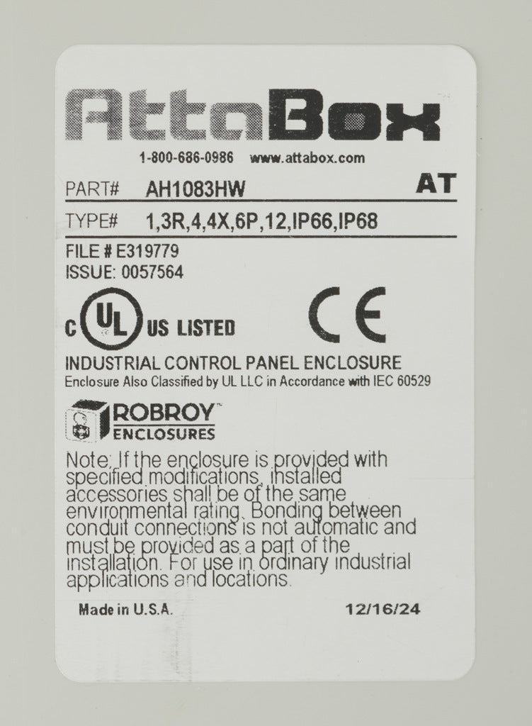 AttaBox Heartland SL series enclosure, NEMA 1/3R/4/4X/6P/12, 10 x 8 x 3in (HxWxD), wall mount, polycarbonate, Pantone 7541 C light gray, hinged screw cover.-AH1083HW