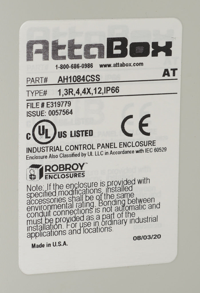 AttaBox Heartland series enclosure, NEMA 1/3R/4/4X/12, 10 x 8 x 4in (HxWxD), wall mount, polycarbonate, Pantone 7541 C light gray, smoked polycarbonate single-door, stainless steel quick-release latch.-AH1084CSS