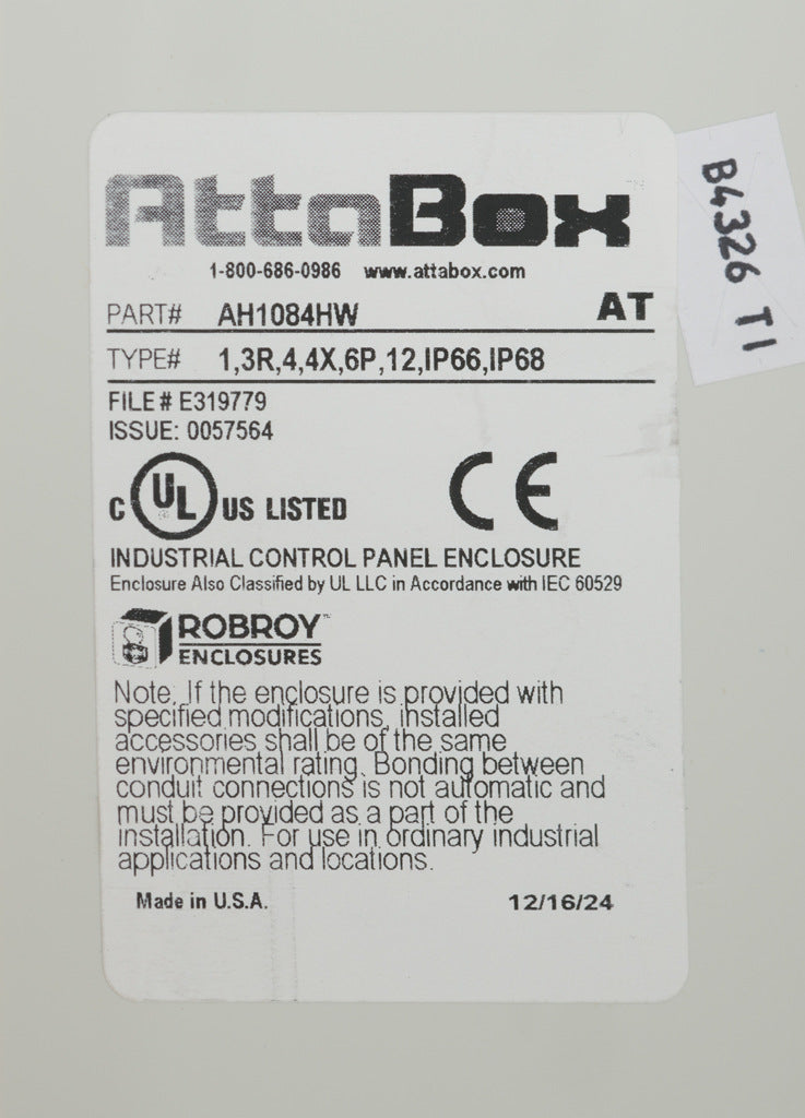 AttaBox Heartland series enclosure, NEMA 1/3R/4/4X/6P/12, 10 x 8 x 4in (HxWxD), wall mount, polycarbonate, Pantone 7541 C light gray, hinged screw cover.-AH1084HW