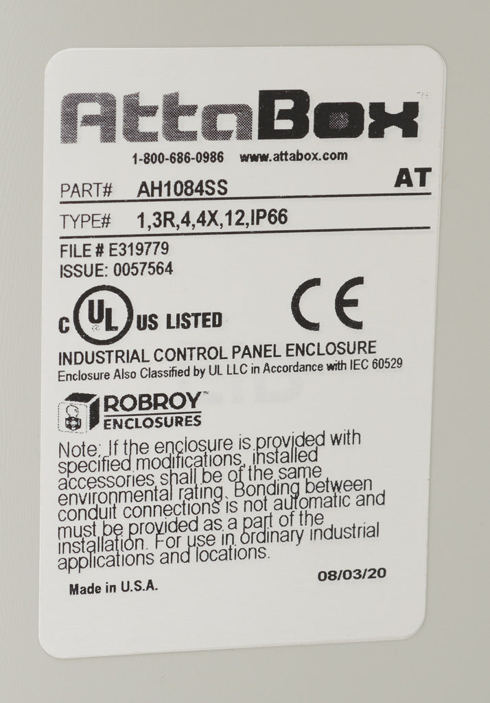AttaBox Heartland series enclosure, NEMA 1/3R/4/4X/12, 10 x 8 x 4in (HxWxD), wall mount, polycarbonate, Pantone 7541 C light gray, single-door, stainless steel quick-release latch.-AH1084SS