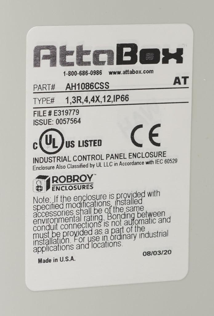AttaBox Heartland series enclosure, NEMA 1/3R/4/4X/12, 10 x 8 x 6in (HxWxD), wall mount, polycarbonate, Pantone 7541 C light gray, smoked polycarbonate single-door, stainless steel quick-release latch.-AH1086CSS