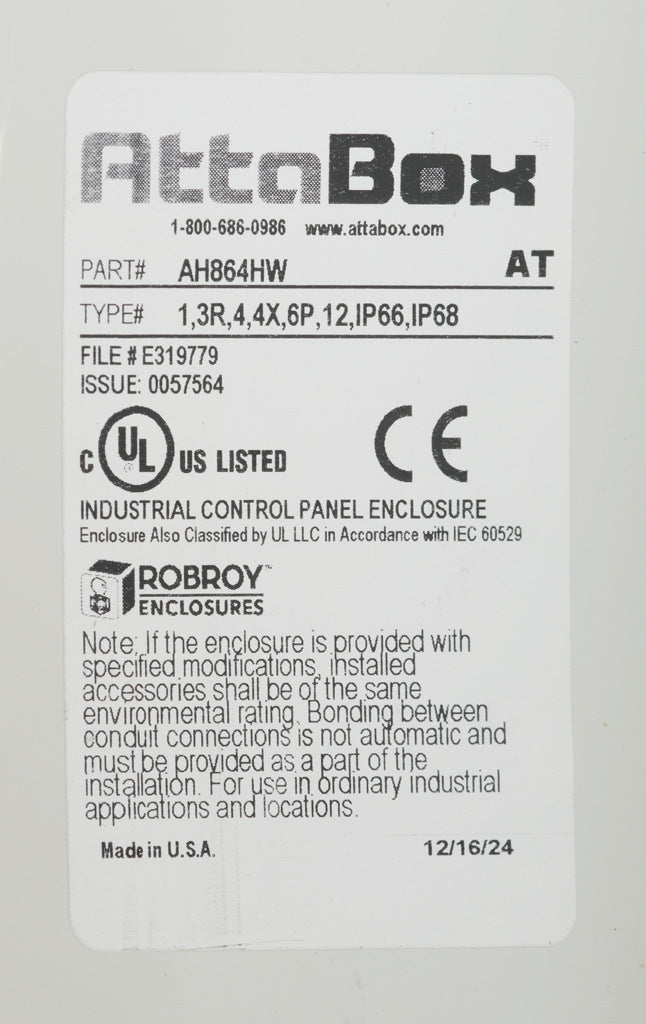 AttaBox Heartland series enclosure, NEMA 1/3R/4/4X/6P/12, 10 x 8 x 6in (HxWxD), wall mount, polycarbonate, Pantone 7541 C light gray, hinged screw cover.-AH1086HW