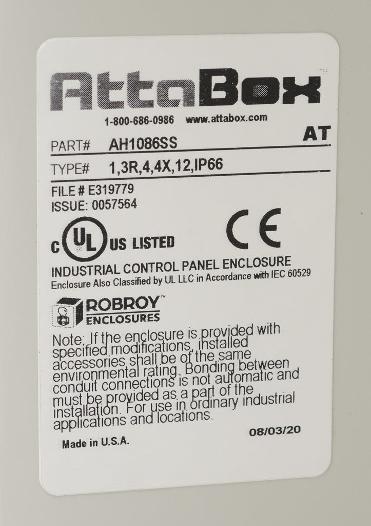 AttaBox Heartland series enclosure, NEMA 1/3R/4/4X/12, 10 x 8 x 6in (HxWxD), wall mount, polycarbonate, Pantone 7541 C light gray, single-door, stainless steel quick-release latch.-AH1086SS