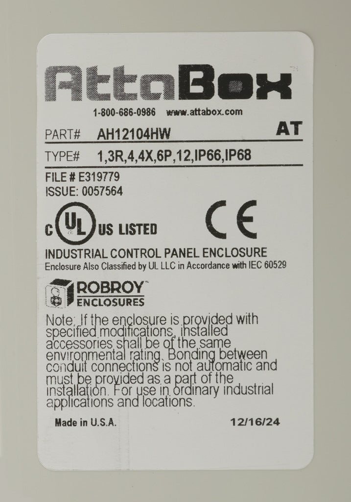 AttaBox Heartland SL series enclosure, NEMA 1/3R/4/4X/6P/12, 12 x 10 x 4in (HxWxD), wall mount, polycarbonate, Pantone 7541 C light gray, hinged screw cover.-AH12104HW