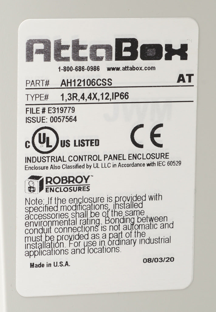 AttaBox Heartland series enclosure, NEMA 1/3R/4/4X/12, 12 x 10 x 6in (HxWxD), wall mount, polycarbonate, Pantone 7541 C light gray, smoked polycarbonate single-door, stainless steel quick-release latch.-AH12106CSS