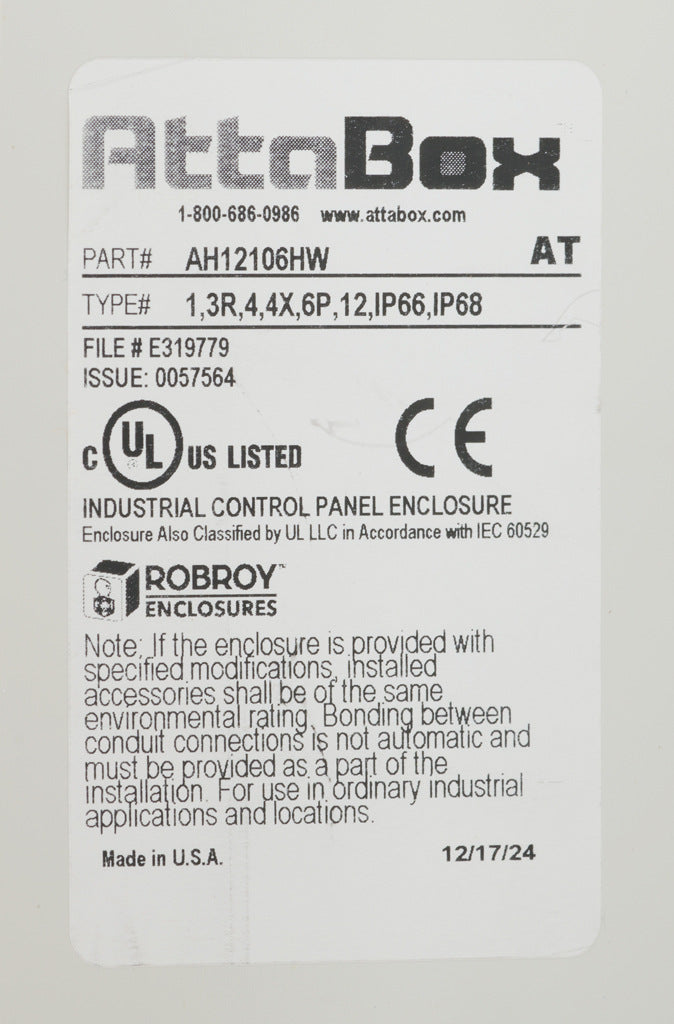 AttaBox Heartland series enclosure, NEMA 1/3R/4/4X/6P/12, 12 x 10 x 6in (HxWxD), wall mount, polycarbonate, Pantone 7541 C light gray, hinged screw cover.-AH12106HW
