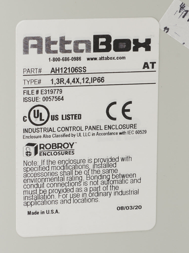 AttaBox Heartland series enclosure, NEMA 1/3R/4/4X/12, 12 x 10 x 6in (HxWxD), wall mount, polycarbonate, Pantone 7541 C light gray, single-door, stainless steel quick-release latch.-AH12106SS