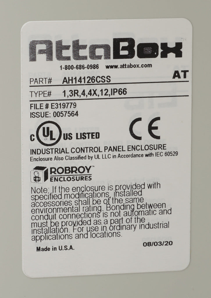 AttaBox Heartland series enclosure, NEMA 1/3R/4/4X/12, 14 x 12 x 6in (HxWxD), wall mount, polycarbonate, Pantone 7541 C light gray, smoked polycarbonate single-door, stainless steel quick-release latch.-AH14126CSS