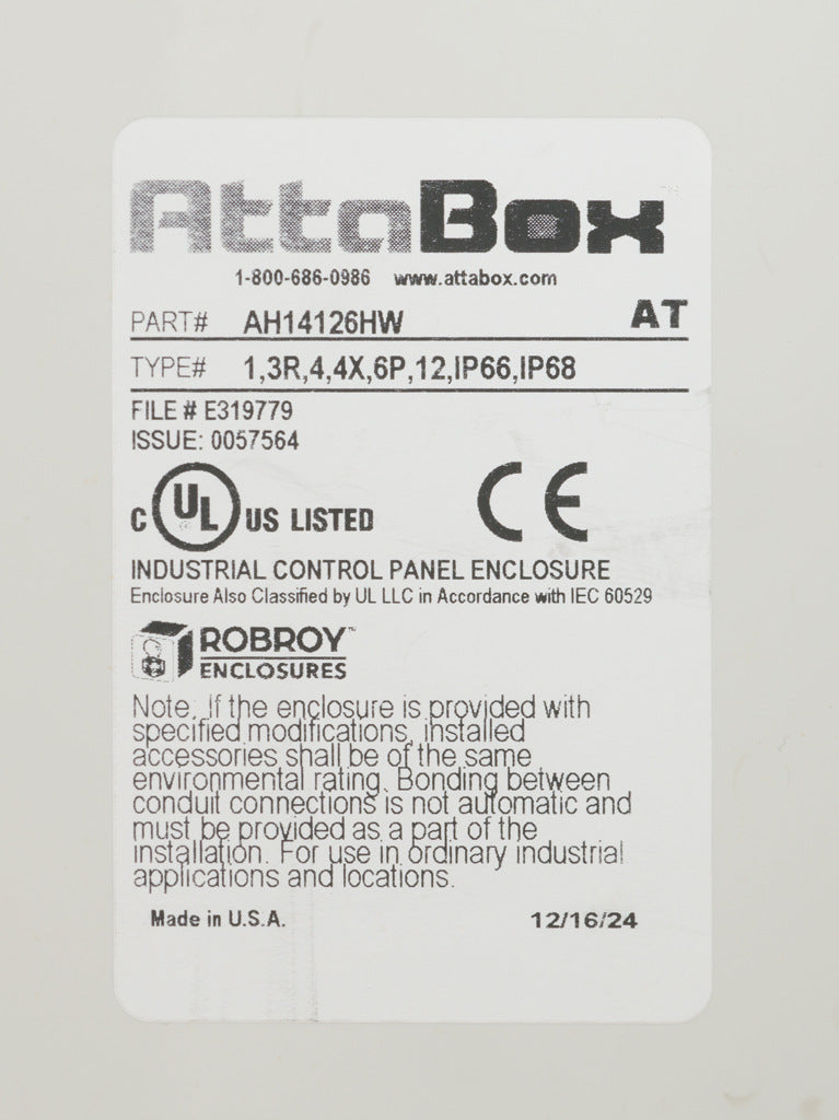 AttaBox Heartland series enclosure, NEMA 1/3R/4/4X/6P/12, 15 x 13 x 6in (HxWxD), wall mount, polycarbonate, Pantone 7541 C light gray, hinged screw cover.-AH14126HW