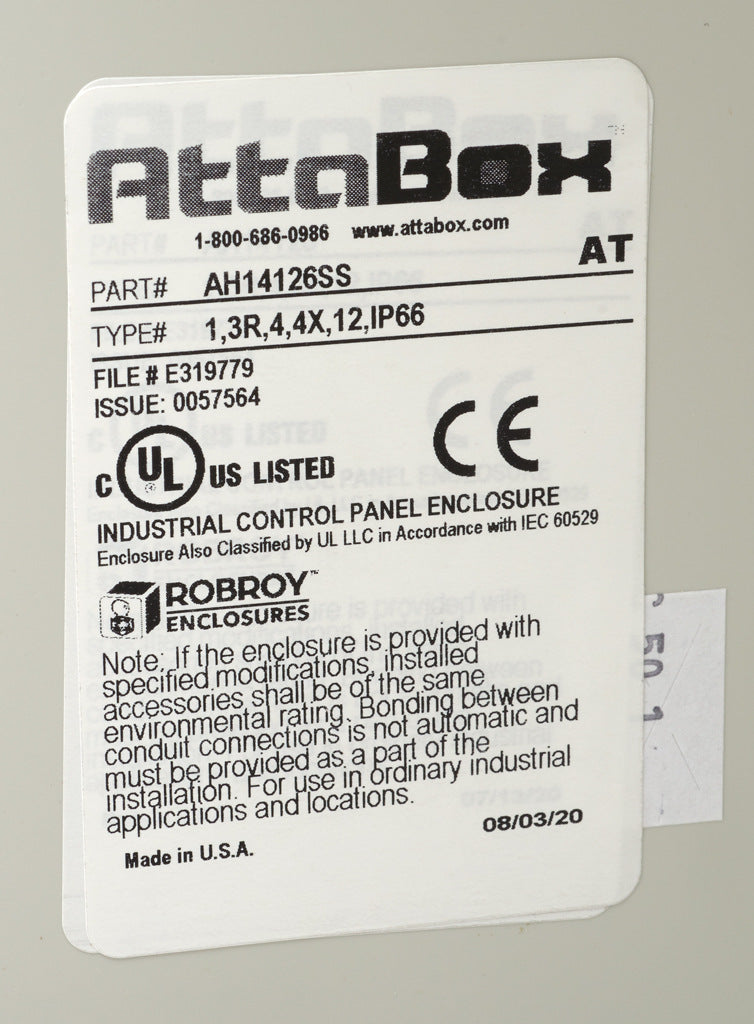 AttaBox Heartland series enclosure, NEMA 1/3R/4/4X/12, 14 x 12 x 6in (HxWxD), wall mount, polycarbonate, Pantone 7541 C light gray, single-door, stainless steel quick-release latch.-AH14126SS
