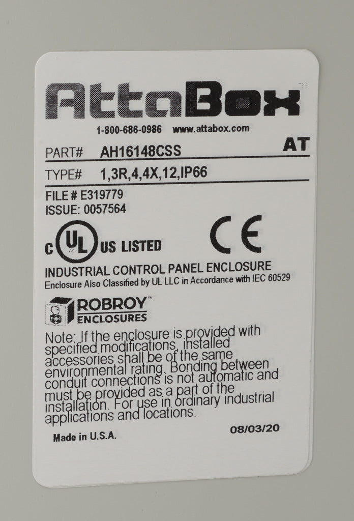 AttaBox Heartland series enclosure, NEMA 1/3R/4/4X/12, 16 x 14 x 8in (HxWxD), wall mount, polycarbonate, Pantone 7541 C light gray, smoked polycarbonate single-door, stainless steel quick-release latch.-AH16148CSS