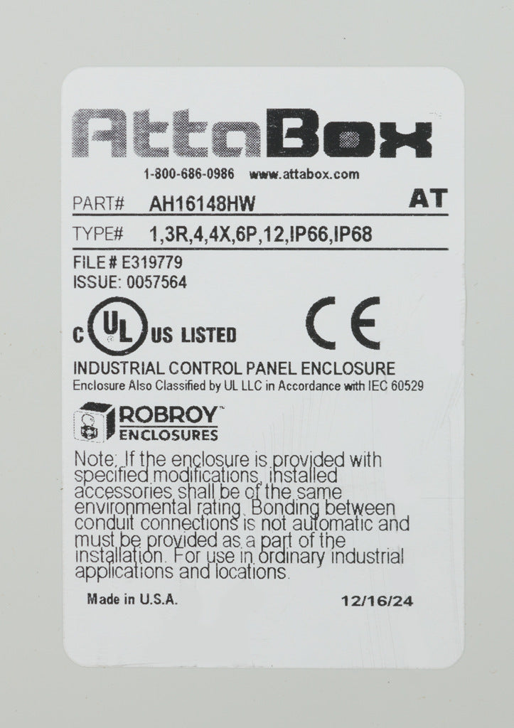 AttaBox Heartland series enclosure, NEMA 1/3R/4/4X/6P/12, 16 x 14 x 8in (HxWxD), wall mount, polycarbonate, Pantone 7541 C light gray, hinged screw cover.-AH16148HW