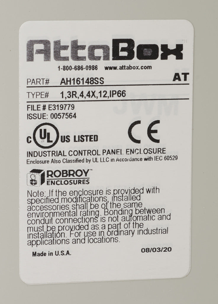 AttaBox Heartland series enclosure, NEMA 1/3R/4/4X/12, 16 x 14 x 8in (HxWxD), wall mount, polycarbonate, Pantone 7541 C light gray, single-door, stainless steel quick-release latch.-AH16148SS
