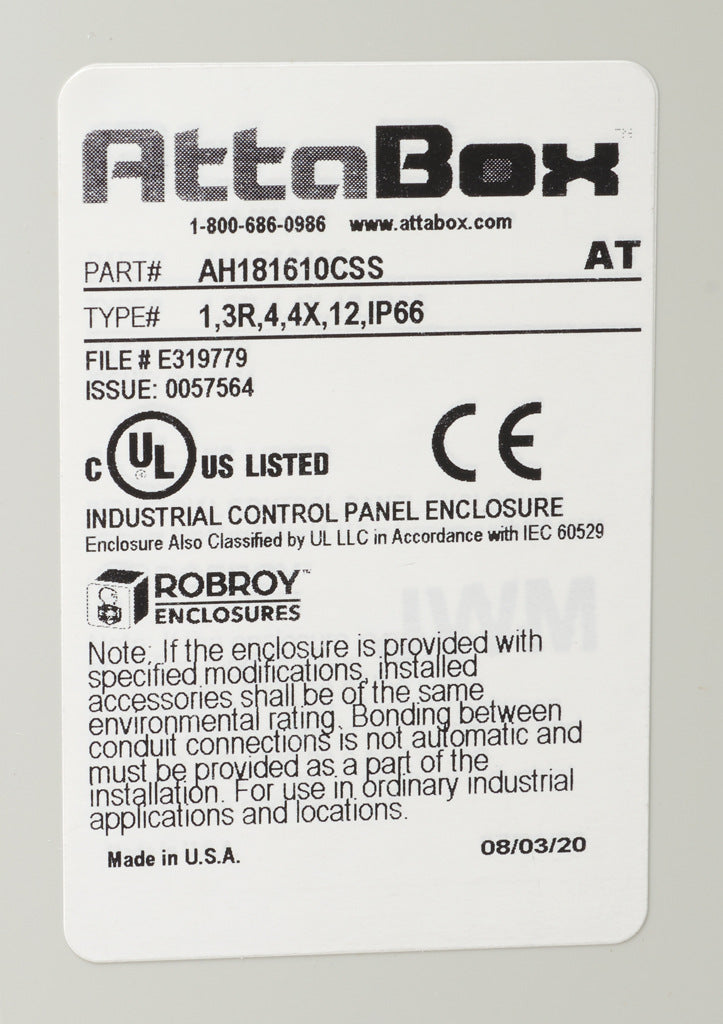 AttaBox Heartland series enclosure, NEMA 1/3R/4/4X/12, 18 x 16 x 10in (HxWxD), wall mount, polycarbonate, Pantone 7541 C light gray, smoked polycarbonate single-door, stainless steel quick-release latch.-AH181610CSS
