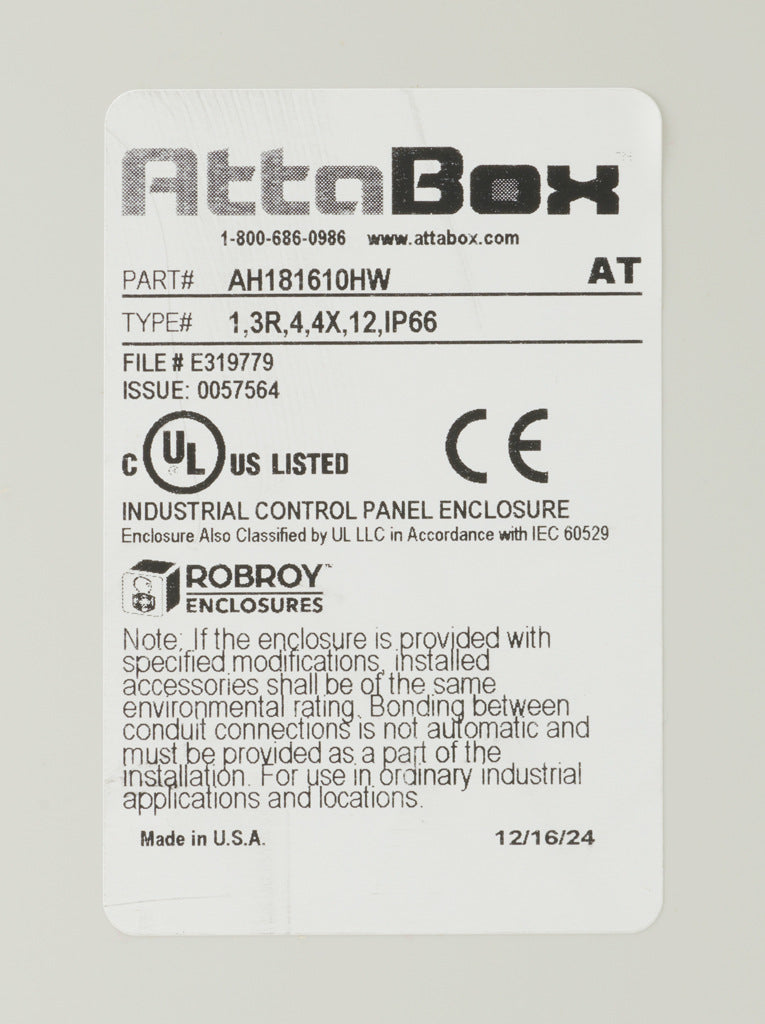 AttaBox Heartland series enclosure, NEMA 1/3R/4/4X/6P/12, 18 x 16 x 10in (HxWxD), wall mount, polycarbonate, Pantone 7541 C light gray, hinged screw cover.-AH181610HW