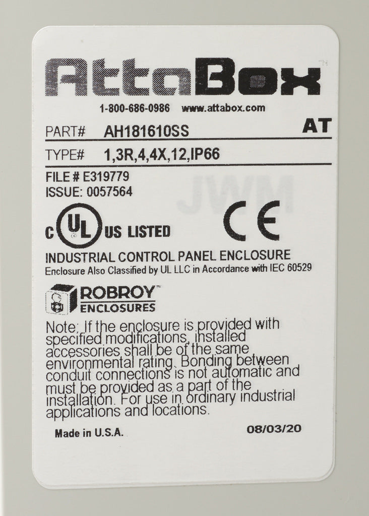 AttaBox Heartland series enclosure, NEMA 1/3R/4/4X/12, 18 x 16 x 10in (HxWxD), wall mount, polycarbonate, Pantone 7541 C light gray, single-door, stainless steel quick-release latch.-AH181610SS