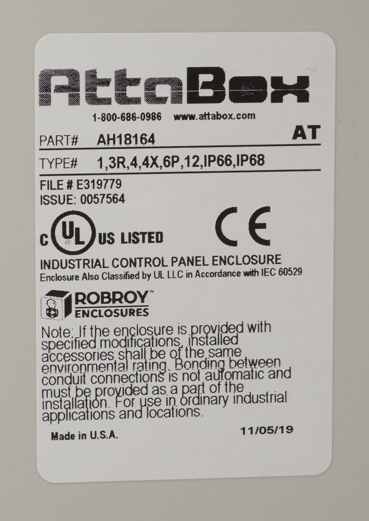 AttaBox Heartland SL series enclosure, NEMA 1/3R/4/4X/12, 18 x 16 x 4in (HxWxD), wall mount, polycarbonate, Pantone 7541 C light gray, single-door, polycarbonate quick-release latch.-AH18164