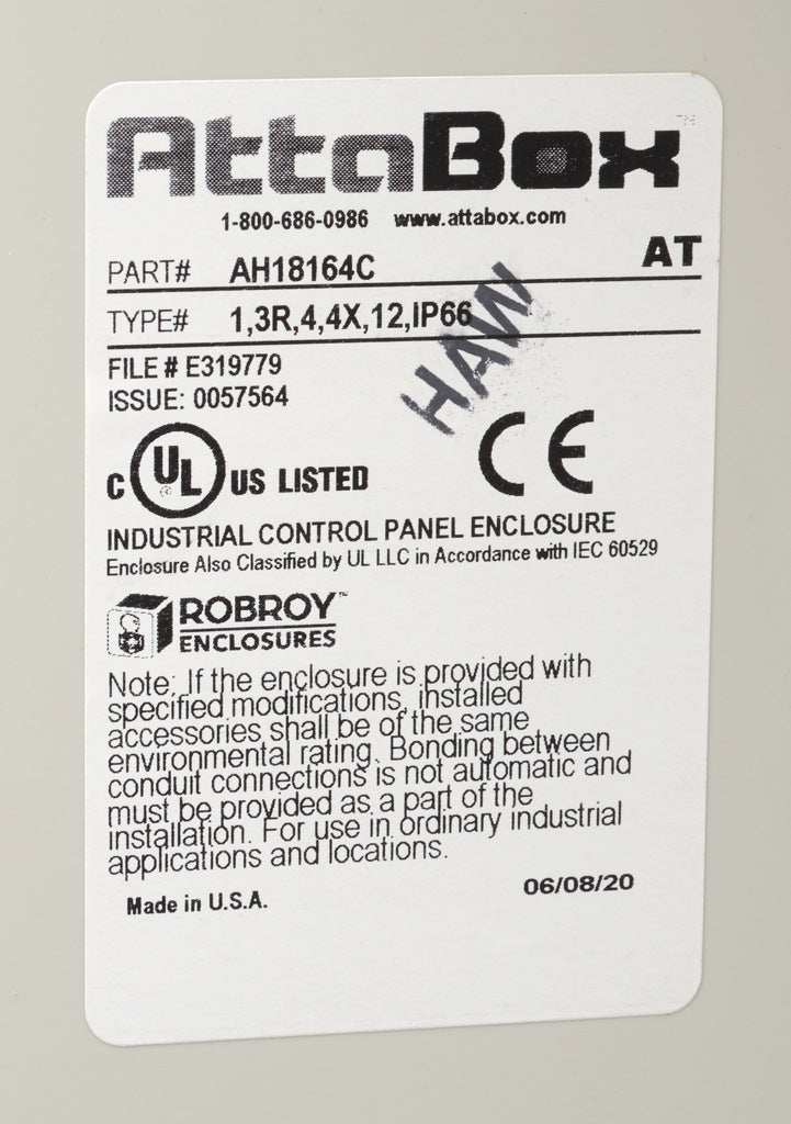 AttaBox Heartland SL series enclosure, NEMA 1/3R/4/4X/12, 18 x 16 x 4in (HxWxD), wall mount, polycarbonate, Pantone 7541 C light gray, smoked polycarbonate single-door, polycarbonate quick-release latch.-AH18164C