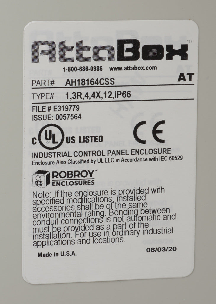 AttaBox Heartland SL series enclosure, NEMA 1/3R/4/4X/12, 18 x 16 x 4in (HxWxD), wall mount, polycarbonate, Pantone 7541 C light gray, smoked polycarbonate single-door, stainless steel quick-release latch.-AH18164CSS