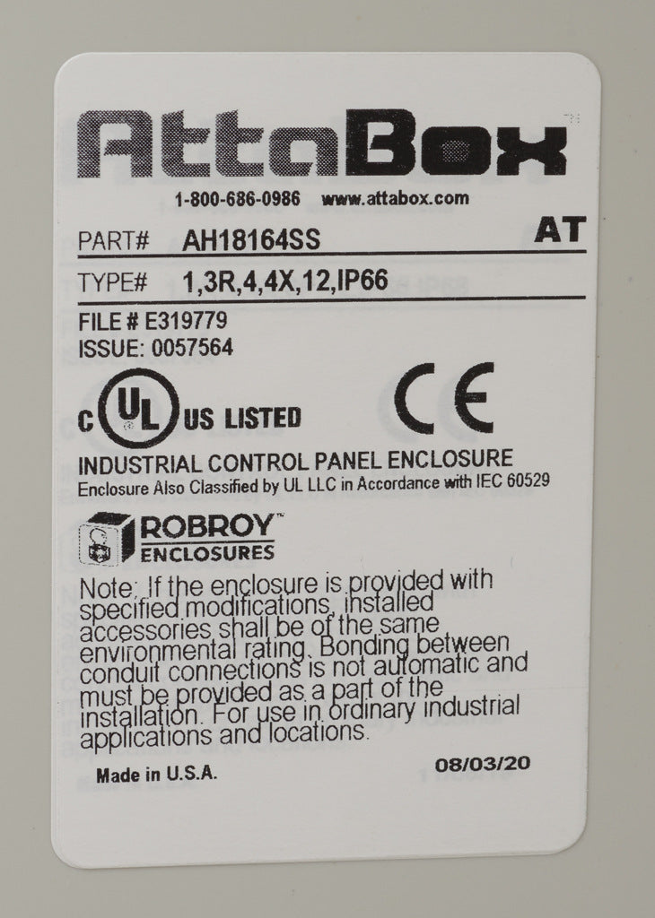 AttaBox Heartland SL series enclosure, NEMA 1/3R/4/4X/12, 18 x 16 x 4in (HxWxD), wall mount, polycarbonate, Pantone 7541 C light gray, single-door, stainless steel quick-release latch.-AH18164SS