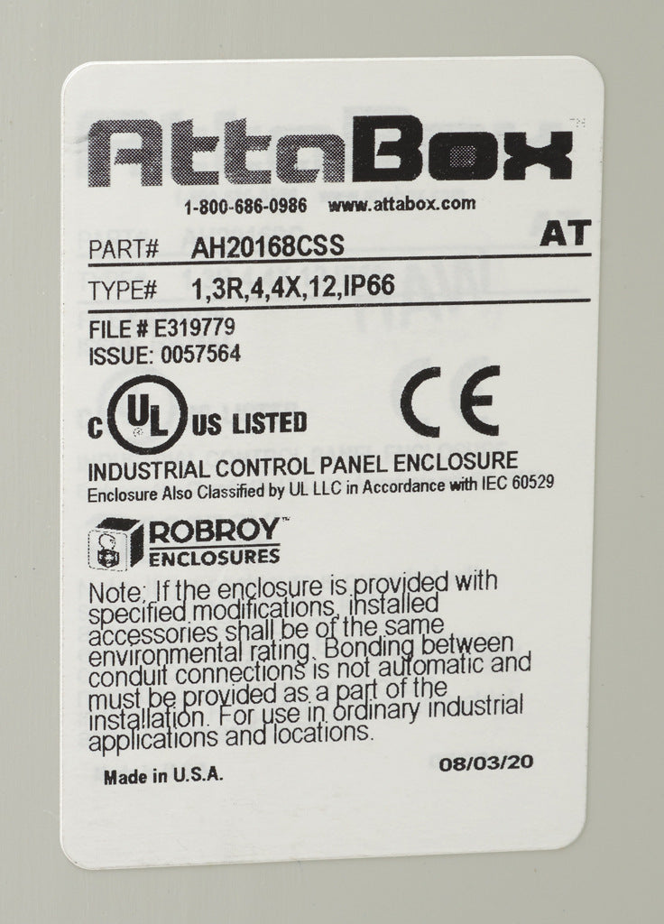 AttaBox Heartland series enclosure, NEMA 1/3R/4/4X/12, 20 x 16 x 8in (HxWxD), wall mount, polycarbonate, Pantone 7541 C light gray, smoked polycarbonate single-door, stainless steel quick-release latch.-AH20168CSS
