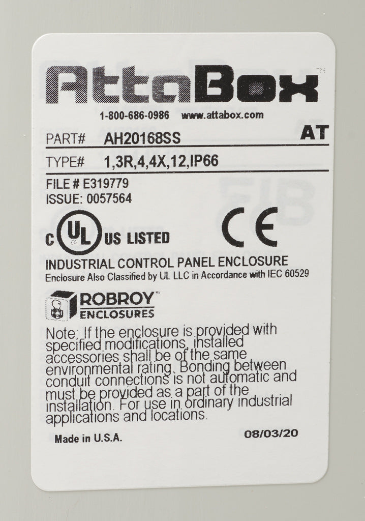 AttaBox Heartland series enclosure, NEMA 1/3R/4/4X/12, 20 x 16 x 8in (HxWxD), wall mount, polycarbonate, Pantone 7541 C light gray, single-door, stainless steel quick-release latch.-AH20168SS