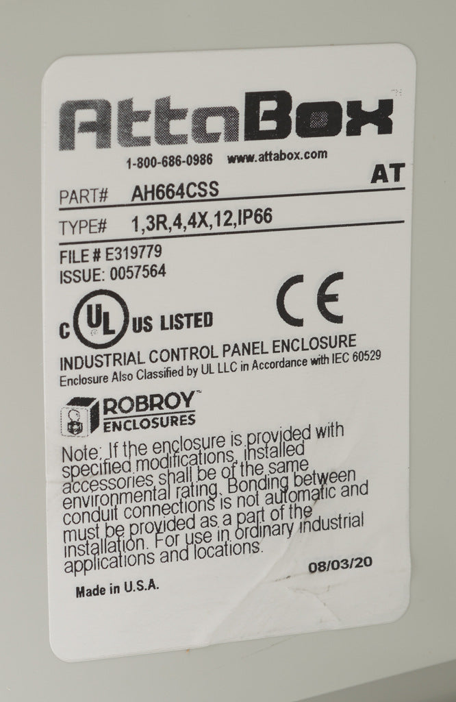 AttaBox Heartland series enclosure, NEMA 1/3R/4/4X/12, 6 x 6 x 4in (HxWxD), wall mount, polycarbonate, Pantone 7541 C light gray, smoked polycarbonate single-door, stainless steel quick-release latch.-AH664CSS