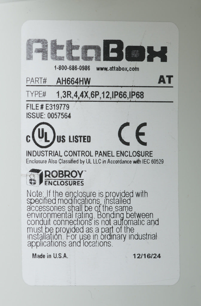 AttaBox Heartland series enclosure, NEMA 1/3R/4/4X/6P/12, 6 x 6 x 4in (HxWxD), wall mount, polycarbonate, Pantone 7541 C light gray, hinged screw cover.-AH664HW