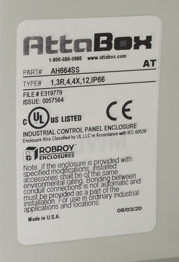 AttaBox Heartland series enclosure, NEMA 1/3R/4/4X/12, 6 x 6 x 4in (HxWxD), wall mount, polycarbonate, Pantone 7541 C light gray, single-door, stainless steel quick-release latch.-AH664SS