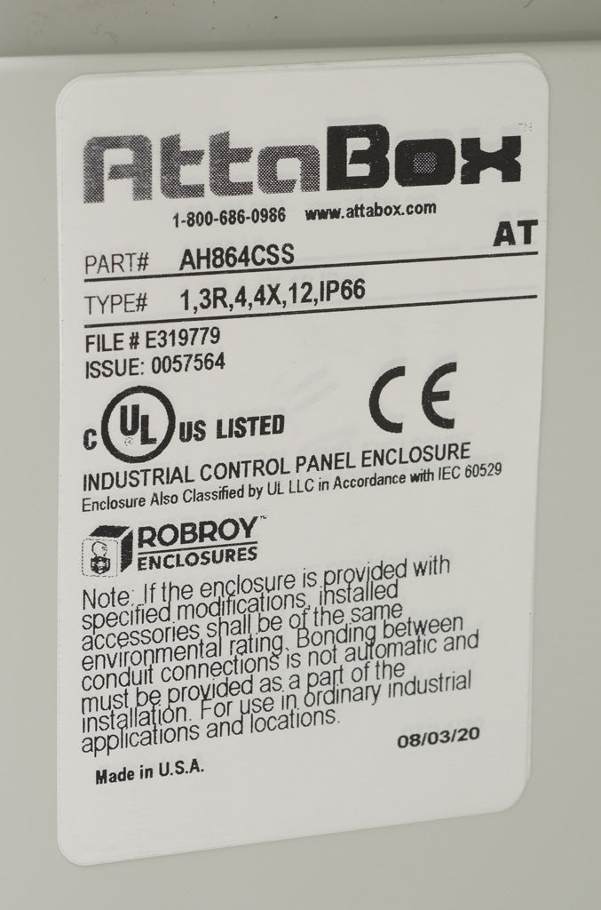 AttaBox Heartland series enclosure, NEMA 1/3R/4/4X/12, 8 x 6 x 4in (HxWxD), wall mount, polycarbonate, Pantone 7541 C light gray, smoked polycarbonate single-door, stainless steel quick-release latch.-AH864CSS