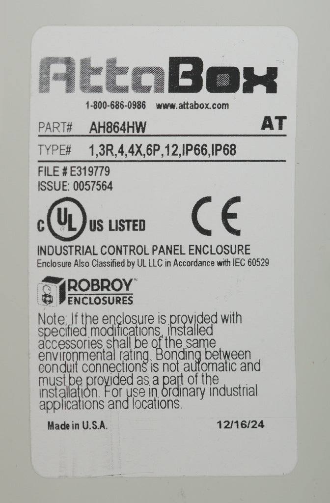 AttaBox Heartland series enclosure, NEMA 1/3R/4/4X/6P/12, 8 x 6 x 4in (HxWxD), wall mount, polycarbonate, Pantone 7541 C light gray, hinged screw cover.-AH864HW