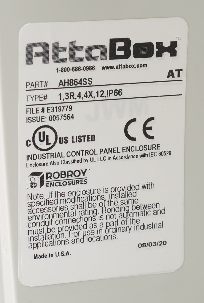 AttaBox Heartland series enclosure, NEMA 1/3R/4/4X/12, 8 x 6 x 4in (HxWxD), wall mount, polycarbonate, Pantone 7541 C light gray, single-door, stainless steel quick-release latch.-AH864SS