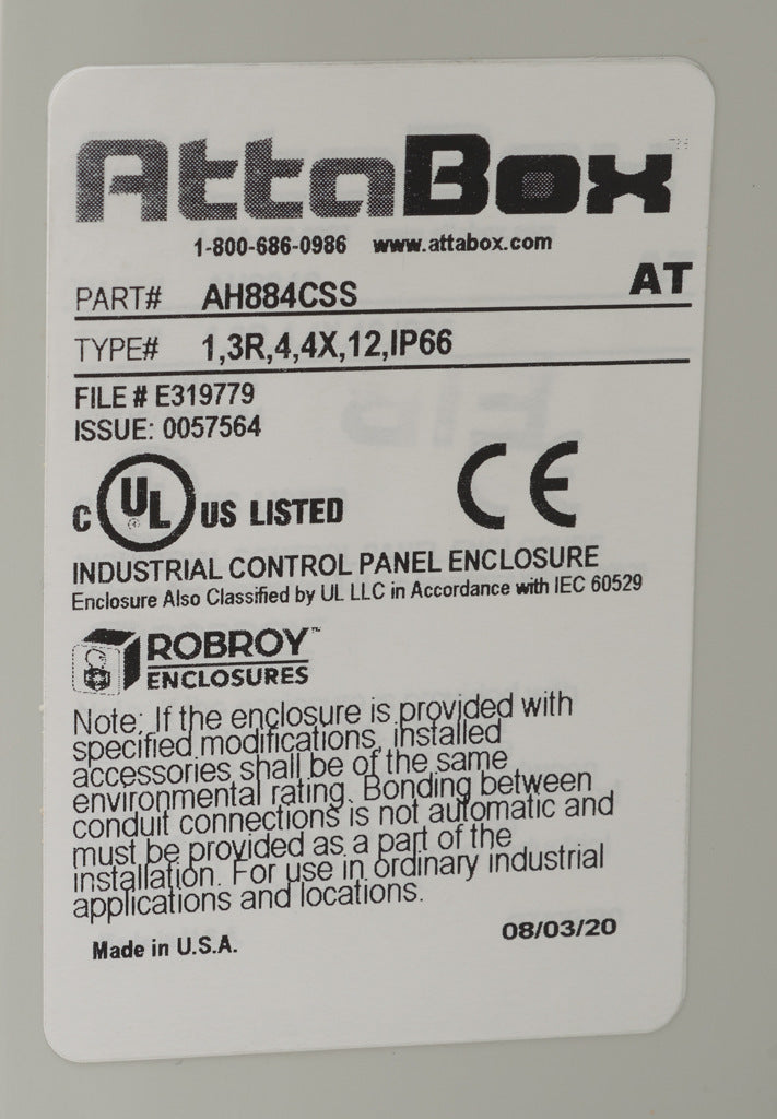 AttaBox Heartland series enclosure, NEMA 1/3R/4/4X/12, 8 x 8 x 4in (HxWxD), wall mount, polycarbonate, Pantone 7541 C light gray, smoked polycarbonate single-door, stainless steel quick-release latch.-AH884CSS