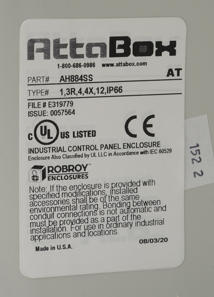 AttaBox Heartland series enclosure, NEMA 1/3R/4/4X/12, 8 x 8 x 4in (HxWxD), wall mount, polycarbonate, Pantone 7541 C light gray, single-door, stainless steel quick-release latch.-AH884SS